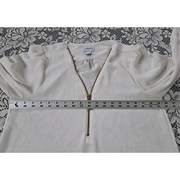 Carmen Marc Volvo Blouse M Ivory Zipper V Neck Long Sleeve Silky Beachy Wedding - Picture 6 of 9